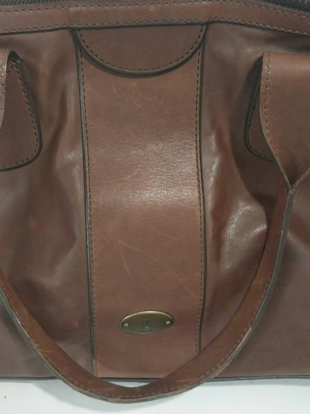 Fossil Brown Leather Unisex Satchel With Key Charm